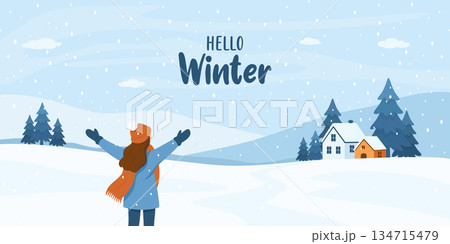 Hello Winter. Winter Landscape. Girl Enjoying Snow. Flat Cartoon Vector Illustration of Snowy Countryside with Mountains, Pine Trees and House. Minimal Winter Landscape 134715479