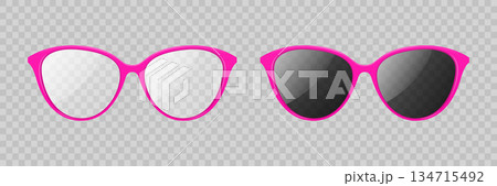 Pink Sunglasses, Vector Illustration. Realistic Fashion Eyeglasses and Dark Lens Sunglasses, Front View Summer Accessory. Glossy Plastic Frame Glasses Icon Set, Isolated, Front View Pink Sunglasses, Vector Illustration. Realistic Fashion Eyeglasses and Dark Lens Sunglasses, Front View Summer Accessory. Glossy Plastic Frame Glasses Icon Set, Isolated, Front View 134715492