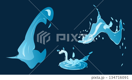Dynamic liquid water splash with falling droplet, crashing sea wave and swirling eddies. For advertising web design or marketing visuals. Vector illustration. 134716091