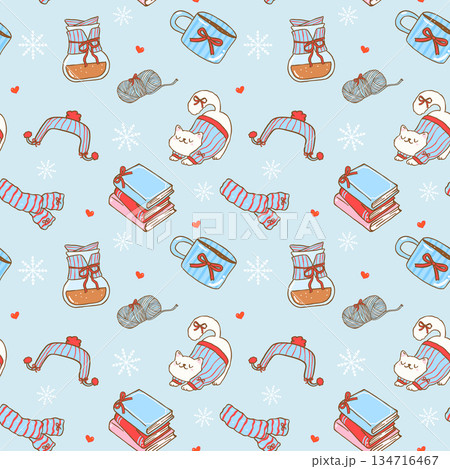 Seamless pattern blue red retro cozy valentine winter preppy coquette vibe cartoon hand drawn background 134716467