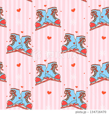 Seamless pattern retro preppy coquette Cozy Winter Valentine Ice Skating Shoes trendy blue and red aesthetics hand drawn cartoon background for wrapping paper or fabric printable Seamless pattern retro preppy coquette Cozy Winter Valentine Ice Skating Shoes trendy blue and red aesthetics hand drawn cartoon background for wrapping paper or fabric printable 134716470