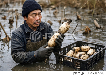 レンコンの収穫 134716584