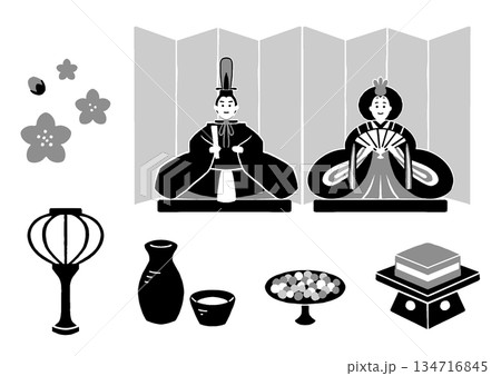 モノクロのひな祭りのイラスト素材セット モノクロのひな祭りのイラスト素材セット 134716845