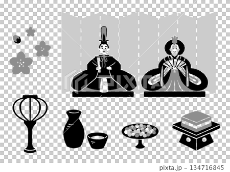 モノクロのひな祭りのイラスト素材セット モノクロのひな祭りのイラスト素材セット 134716845