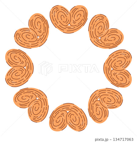 Hand drawn circular cookie frame in a simple doodle style, featuring cute baked shapes arranged in a soft, cozy wreath on a white background. Perfect for festive designs, labels, sweet themed branding 134717063
