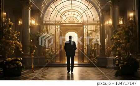 飾られた結婚式場とそこに立つスーツ姿の男性が要る風景 134717147