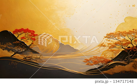 金色に輝く太陽と山々の風景のイラスト 金色に輝く太陽と山々の風景のイラスト 134717148