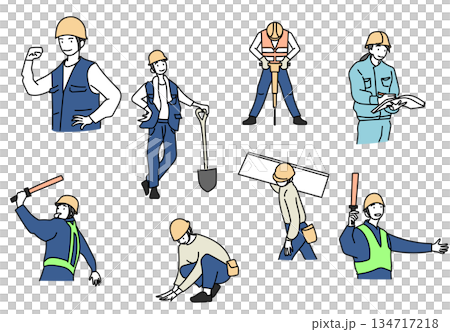 Stock Illustration: Illustration material depicting various work scenes of construction workers 134717218
