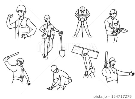 イラスト素材: 建設作業員のさまざまな作業シーンを線画で描いたイラスト素材 134717279