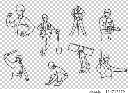 庫存插圖：建築工人各種工作場景的線條畫 134717279