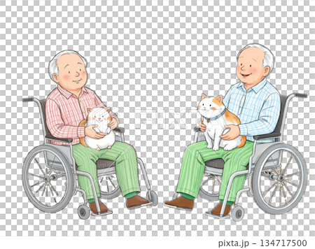 畫面中，兩位老人坐在輪椅上，輕輕撫摸著蜷縮在他們腿上的貓。 134717500