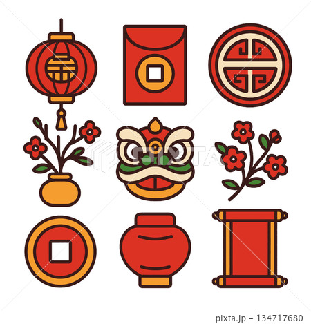 Colorful decorations symbolize celebration and tradition, featuring lanterns, flowers 134717680