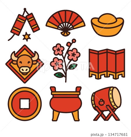 Chinese New Year symbols include lanterns, fans, gold ingots, and flowers, evoking celebration 134717681