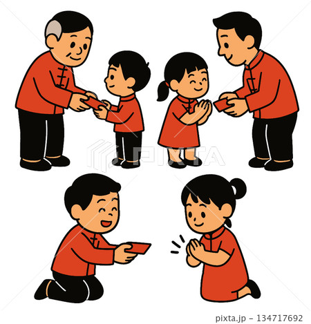 Celebration of tradition with family exchanging red envelopes, symbolizing good luck 134717692