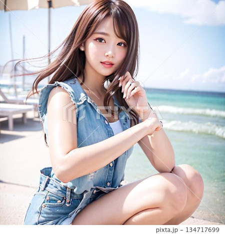 海辺で座る女性 134717699