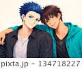 お揃いのアクセサリーを身につけた肩を組む若い男性二人のアニメ風イラスト 134718227