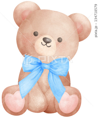 Cute Coquette Teddy Bear with Blue Bow watercolor, nursery birthday Boy Cute Coquette Teddy Bear with Blue Bow watercolor, nursery birthday Boy 134718579