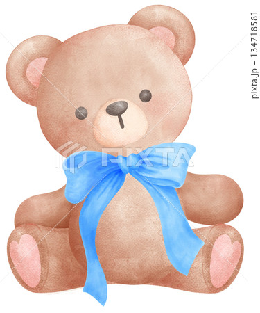 Coquette Teddy Bear with Blue Ribbon Bow watercolor, nursery birthday Coquette Teddy Bear with Blue Ribbon Bow watercolor, nursery birthday 134718581