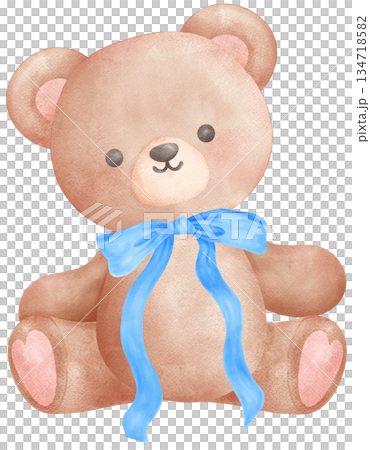 Watercolor Illustration of a Teddy Bear with Blue Ribbon Bow 134718582