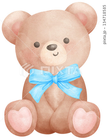 Cute Coquette Teddy Bear with Blue Ribbon Bow watercolor, nursery birthday boy Cute Coquette Teddy Bear with Blue Ribbon Bow watercolor, nursery birthday boy 134718585