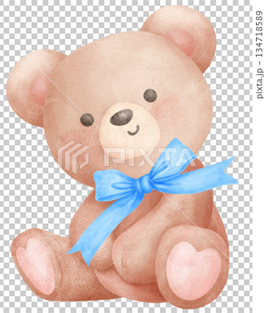 Watercolor Illustration of Teddy Bear with Blue...のイラスト素材 [134718589 ...