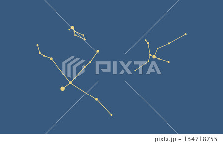 ネイビー色の背景に浮かぶ夏の大三角（ゴールド色の星座線） 134718755