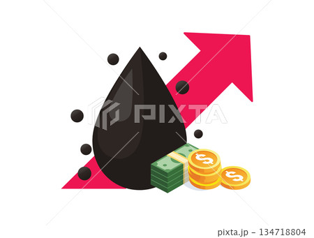 Oil price rising chart and black oil drops with pile of money Stock Illustration 134718804