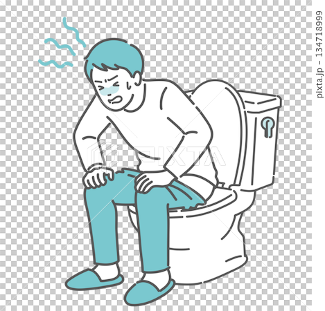 Illustration of a man straining in the toilet and holding his stomach in pain (constipation, diarrhea, abdominal pain) 134718999