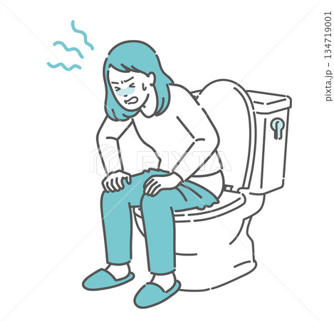 トイレでいきむ・お腹を押さえて苦しむ女性のイラスト（便秘・下痢・腹痛・生理痛） 134719001