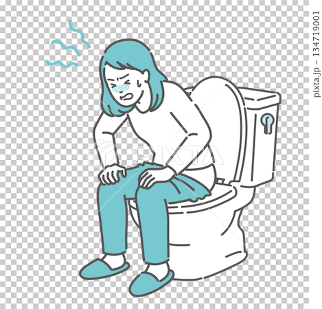 トイレでいきむ・お腹を押さえて苦しむ女性のイラスト（便秘・下痢・腹痛・生理痛） 134719001