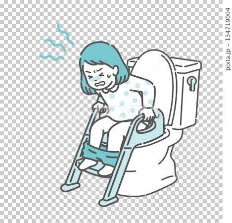 圖：一個女孩在廁所裡用力排便，摀著肚子，痛苦不堪（便秘、腹瀉、腹痛、如廁訓練） 134719004