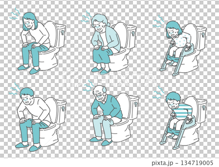 一組描繪人們在廁所裡痛苦的插圖（各個年齡段，男女老少，便秘、腹瀉、腹痛） 134719005