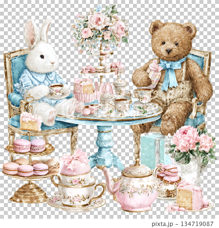 set of cute teddy bear and flowers 134719087