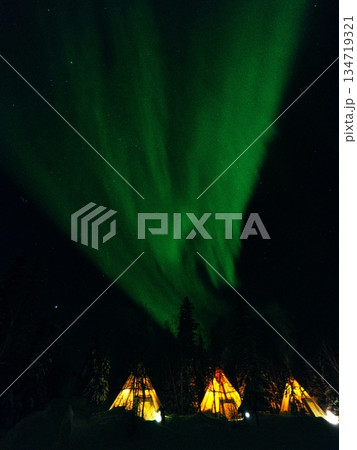 冬のカナダ　イエローナイフのグレートスレーブ湖畔からレベル4のオーロラを観賞 134719321