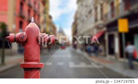 Red fire hydrant with blurred city street and buildings in the background Red fire hydrant with blurred city street and buildings in the background 134719705