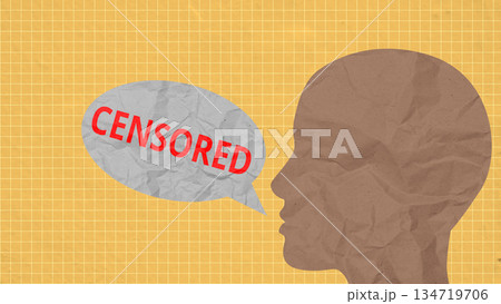 Human head silhouette crafted from crumpled paper, with a speech bubble containing the word of CENSORED. Collage art. Concept of Freedom of Speech Human head silhouette crafted from crumpled paper, with a speech bubble containing the word of CENSORED. Collage art. Concept of Freedom of Speech 134719706