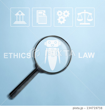 Artificial intelligence governance with a magnifying glass over a robot, highlighting the importance of ethics and law in AI development and implementation. Concept of AI Law and Ethnic 134719738