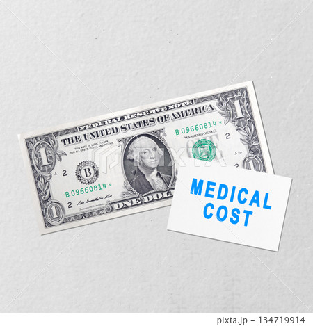 Close up of a white card with the text "MEDICAL COST" in blue letters. The card is placed on top of a one dollar bills Close up of a white card with the text "MEDICAL COST" in blue letters. The card is placed on top of a one dollar bills 134719914