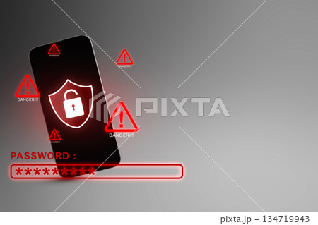Cellphone with a shield and open padlock icon, surrounded by danger signs, representing security alerts and password vulnerability Cellphone with a shield and open padlock icon, surrounded by danger signs, representing security alerts and password vulnerability 134719943