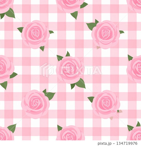 Minimal Seamless Pattern Pink Rose on Light Pink Gingham 134719976