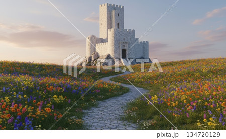 White Stone Castle on Hill with Flower Field and Path White Stone Castle on Hill with Flower Field and Path 134720129