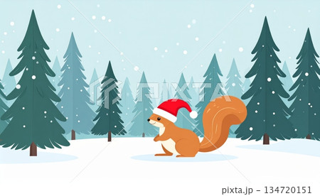 Squirrel Wearing Santa Hat in Snowy Pine Forest 134720151