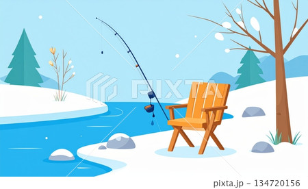 Small Wooden Chair and Fishing Rod by Winter Stream Small Wooden Chair and Fishing Rod by Winter Stream 134720156