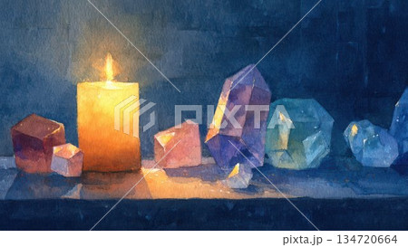 キャンドルと多面体鉱石の静物 水彩アート 神秘的背景 134720664