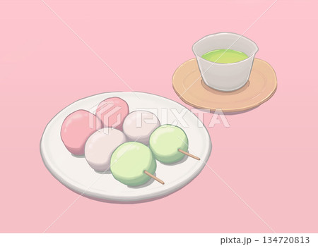 三色団子と日本茶のやさしいイラスト 三色団子と日本茶のやさしいイラスト 134720813