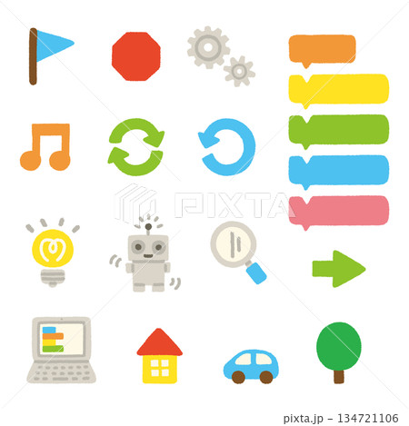 プログラミング 手描きパステル アイコン セット イラスト プログラミング 手描きパステル アイコン セット イラスト 134721106