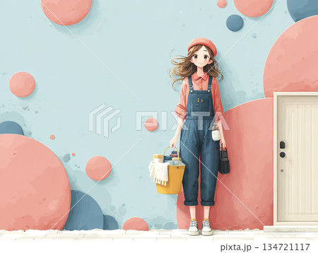 美容サロンの外壁を清掃する若い女性スタッフ 美容サロンの外壁を清掃する若い女性スタッフ 134721117