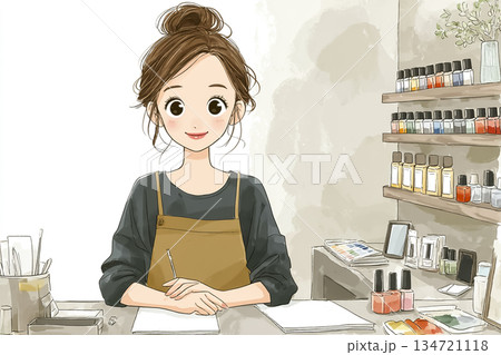 ネイルカラーを選ぶ女性スタッフのやさしい接客シーン 134721118