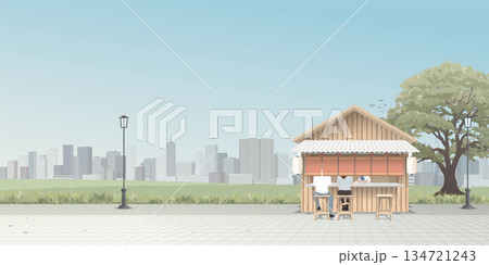 Cityscape with asian street food stall shop at sidewalk have skyscraper and blue sky background graphic illustration. 134721243