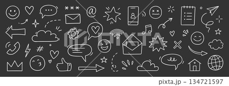 Emoji internet sketch icon set. Internet conversation, media outline tech emoji, star, arrow shape. Hand drawn sketch chat emoticon reaction, cloud, smile face on chalkboard. Vector Emoji internet sketch icon set. Internet conversation, media outline tech emoji, star, arrow shape. Hand drawn sketch chat emoticon reaction, cloud, smile face on chalkboard. Vector 134721597